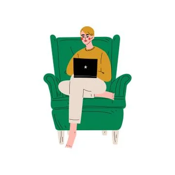Young Man Sitting in Armchair Using Laptop Computer, Guy Working or Relaxing at Stock Illustration