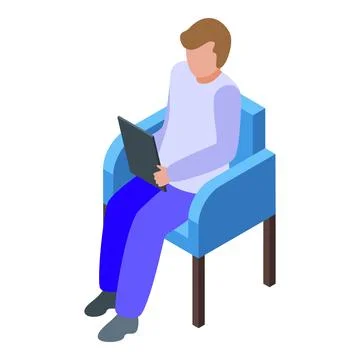 Young man sitting on armchair using tablet isometric icon イラスト素材