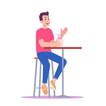 Young man sitting at the bar table and drinking coffee or tea and talking. Stock Illustration