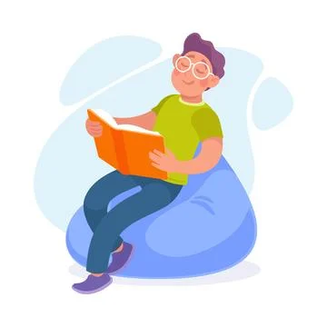 Young Man Sitting on Bean Bag and Reading Book Vector Illustration Stock Illustration