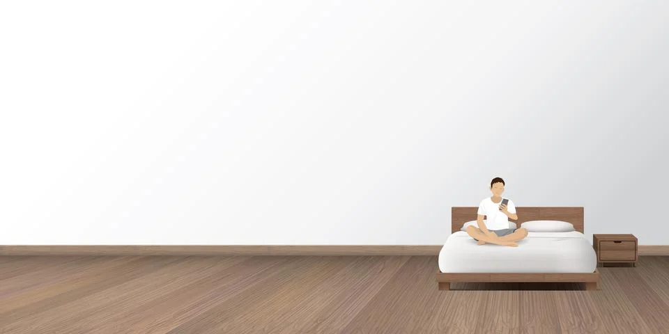 Young man sitting on bed using mobile phone checking social media network f.. Stock Illustration