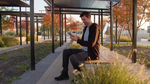 Young man sitting on a bench in a modern urban park, using a smartphone to Stock Footage 317703067