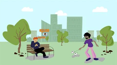 Young man sitting on a bench, texting with his love partner. Chat icons. Youn Stock Illustration
