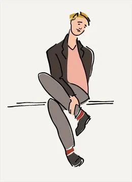 Young man sitting on a bench vector illustration. Audience concept. Waiting.. Stock-Illustration