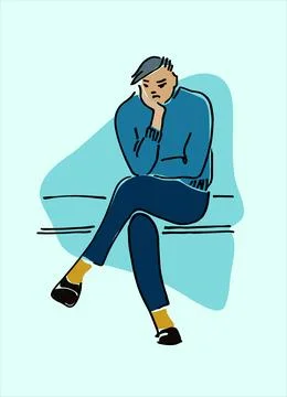 Young man sitting on a bench vector illustration. Lecture listener concept... Stock Illustration