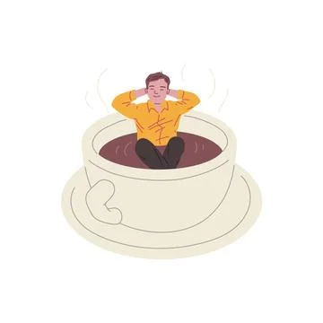 Young man sitting in big cup with coffee and enjoying, vector comic cartoon Illustrazione stock