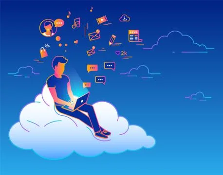 Young man sitting on the cloud in the sky and working with laptop Stock Illustration
