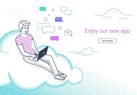Young man sitting on the cloud in the sky and working with laptop Stock-Illustration