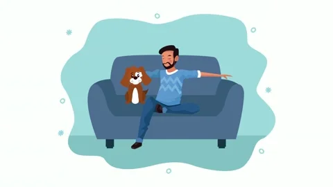 Young man sitting on comfortable couch with cute pet dog in living room int.. Stock Footage 338318125