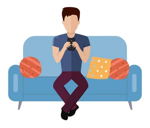 Young man is sitting on the couch. Handsome guy is chatting with a smartphone in 스톡 일러스트