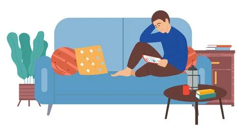 Young man sitting on the couch with a tablet. The guy working with electronic Stock Illustration