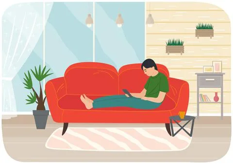Young man sitting on couch with tablet, studying remotely, watches social media Stock Illustration