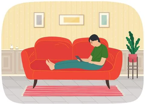 Young man sitting on couch with tablet, studying remotely, watches social media Stock Illustration