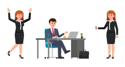 Young man sitting at the desk, using laptop. Young woman holding coffee, happ Stock Illustration