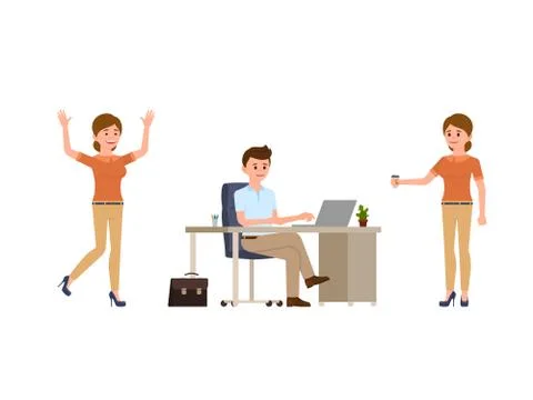 Young man sitting at the desk, using laptop. Young woman holding coffee, happ Stock Illustration