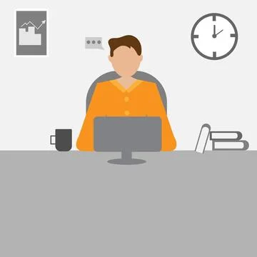 Young man is sitting at desktop. Work the computer. Stock Illustration