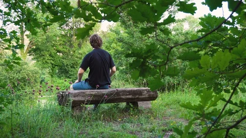 Young Man Sitting Down on Old Wooden Bench in Park Stock Footage 96854592