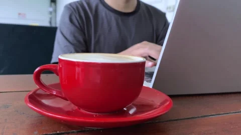 Young man sitting in front of his laptop with a cup of coffee in a red cup Stock Footage 288684003