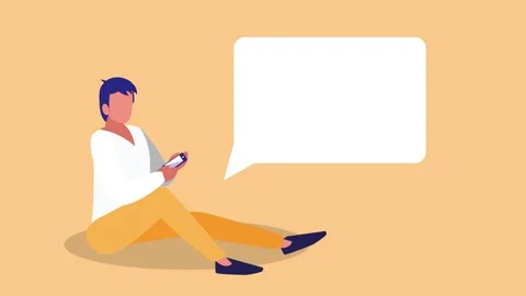 Young man sitting on ground using smartphone with speech bubble motion grap.. Stock Footage 338419078