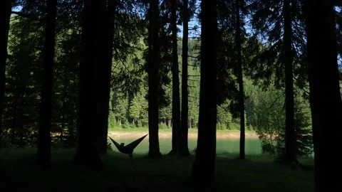 Young man sitting in a hammock and enjoying a beer in the mountain forest. Stock Footage 157208940