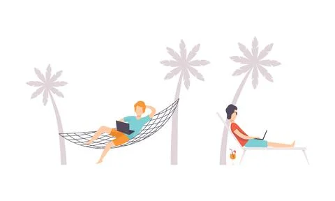 Young Man Sitting in Hammock in Front of Laptop and Working from Home Vector Set Stock Illustration