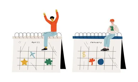 Young Man Sitting on Huge Desk Calendar with Marked Appointment and Date Vector Stock Illustration
