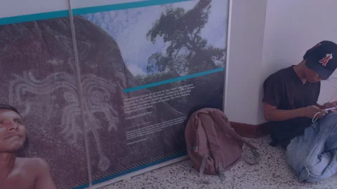 Young Man Sitting by Indigenous Amazonas Poster in Corridor Stock Footage 338020512