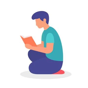 Young man sitting on knees while reading a book. Flat colorful character in Stock Illustration
