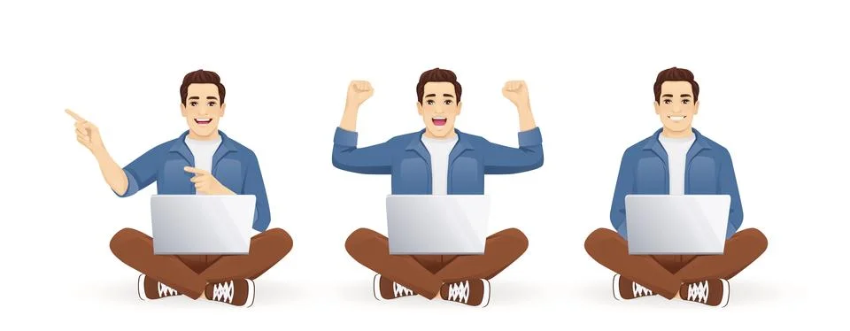 Young man sitting with laptop computer set Stock-Illustration