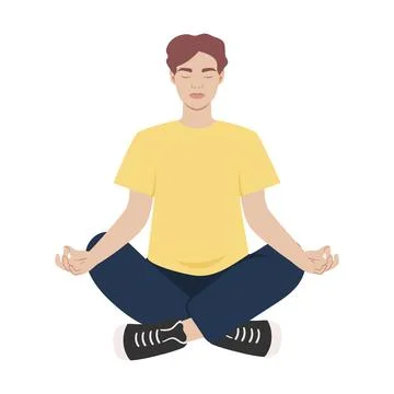 Young man sitting in lotus pose. Meditating male isolated on white background Stock Illustration