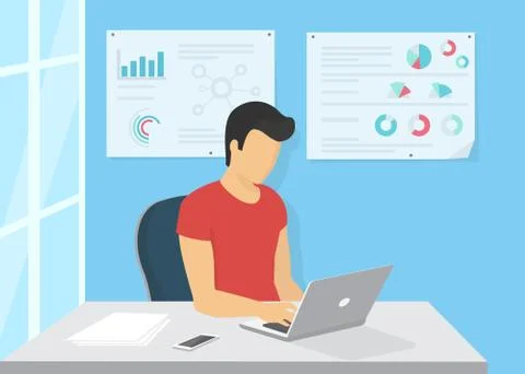Young man sitting in the office at work desk and working with laptop Stock Illustration