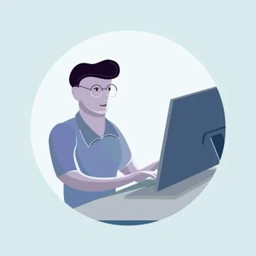 Young man sitting in the office at work desk and working with laptop. Stock Illustration