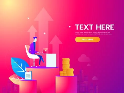 Young man sitting in the office at work desk and working with laptop. Modern Illustrazione stock
