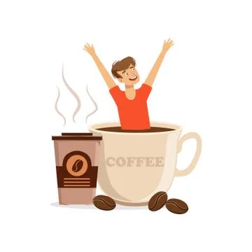 Young man sitting in oversized cup of coffee, caffeine addiction, bad habit Stock Illustration