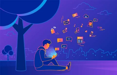 Young man sitting in the park under a tree and texting messages Illustrazione stock