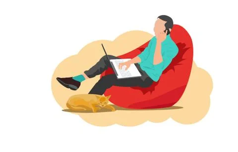 Young man sitting on red  sofa and work from home . Stock Illustration