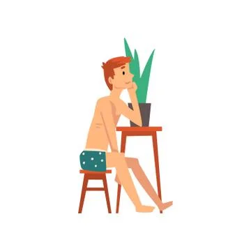 Young Man Sitting at Small Table and Dreaming, Guy Spending Weekend at Home and 스톡 일러스트