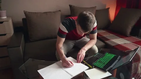 Young man sitting on sofa with laptop, working from home concept. remote work. Stock Footage 212611624
