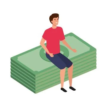 Young man sitting in stack bills finance イラスト素材
