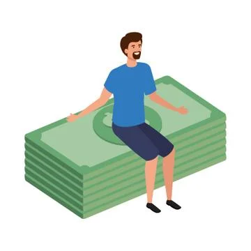 Young man sitting in stack bills finance イラスト素材