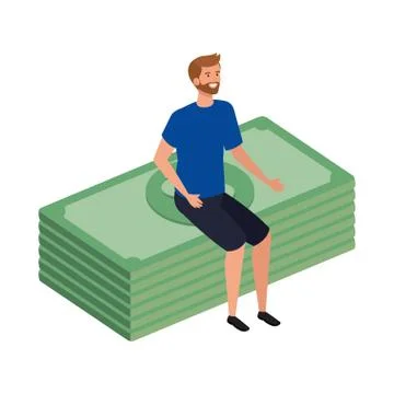 Young man sitting in stack bills finance イラスト素材