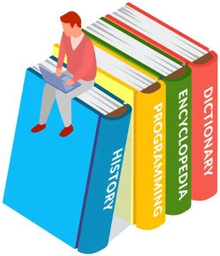 Young man sitting on stack of large books and using his computer for studying in Stock Illustration