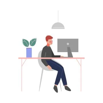 Young Man Sitting at the Table and Working with Laptop in Office, Business Stock Illustration