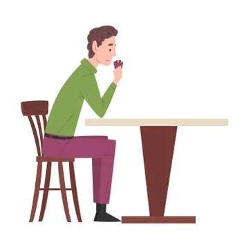 Young Man Sitting at Table in Cafe, Guy Drinking Coffee and Relaxing at Stock Illustration