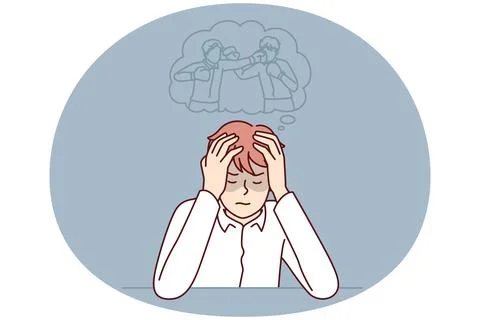Young man sitting at table closing eyes imagines participates in boxing match in Stock Illustration