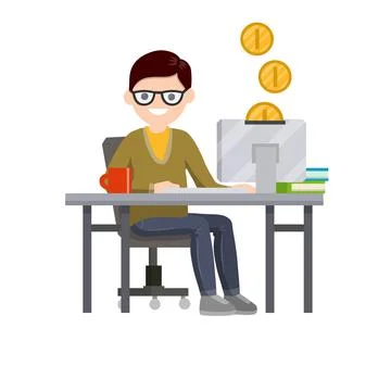 Young man sitting at table with computer and monitor. Gold coin. イラスト素材