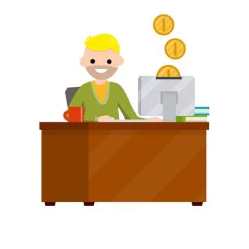 Young man sitting at table with computer イラスト素材