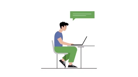 A young man sitting at a table with laptop, social media message bubble and.. Stock Footage 333303096