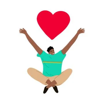 Young man sitting under big red heart and expressing love Stock Illustration