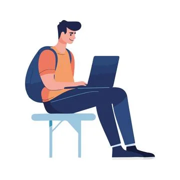 Young man sitting using laptop Stock Illustration
